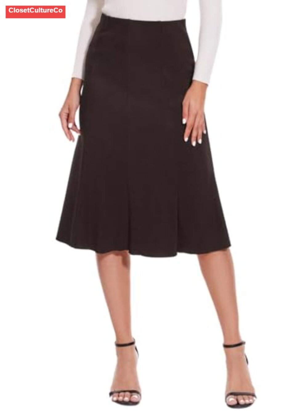 Elegant High Waist Flared A-Line Knee Length Skirt Office Casual